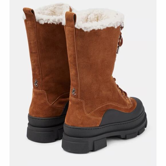 Jimmy Choo Aldea Lace-Up Shearling Lined Suede Camel Brown Mid Calf Boots - Picture 2 of 13